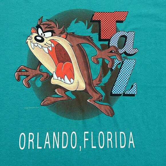 VTG 90s Taz Orlando Florida Mens Shirt XL Velva Sheen Tasmanian Devil Green USA - Picture 2 of 11